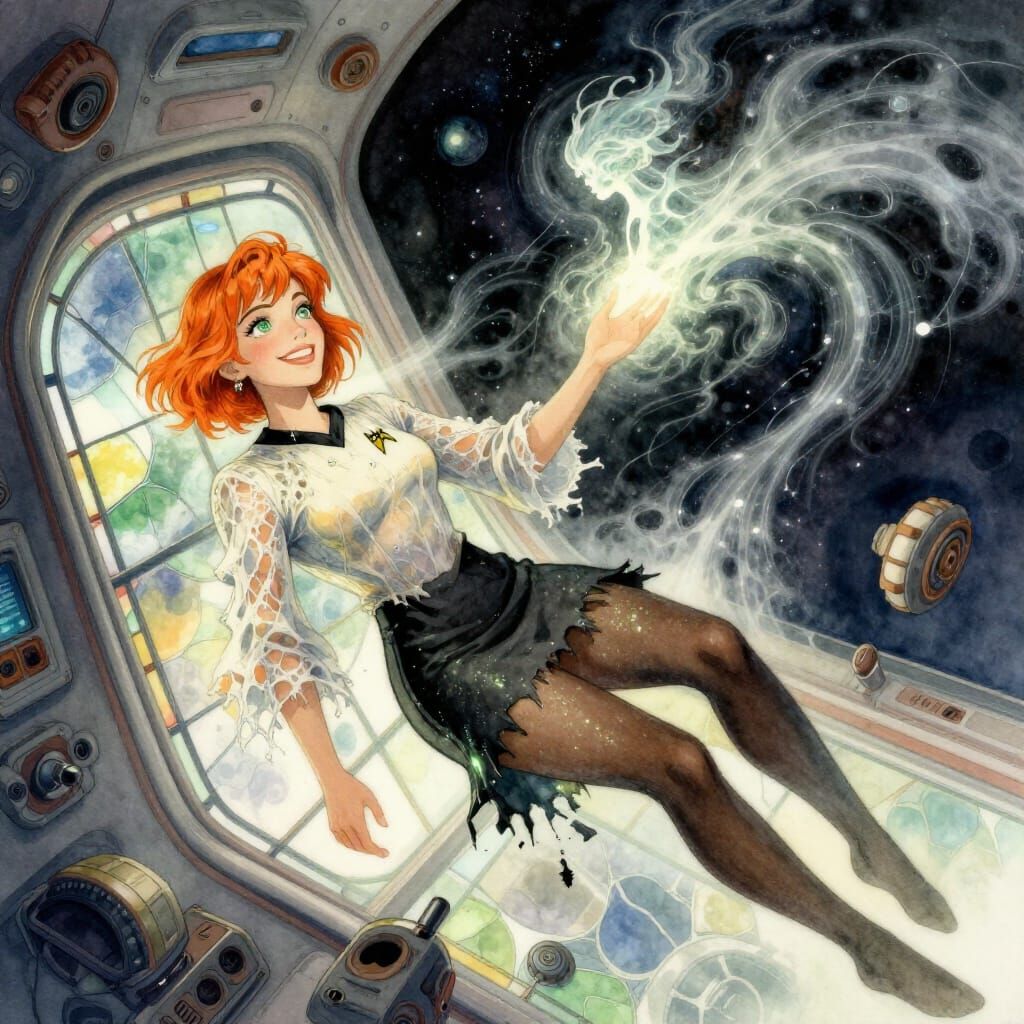 Retro Futuristic Woman Levitating in Space Cockpit