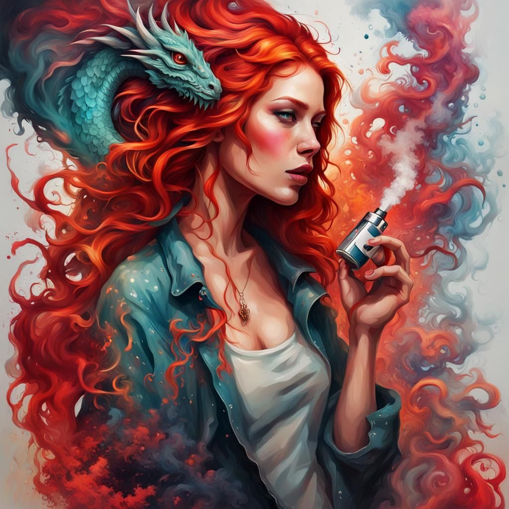 Vibrant Redhead Vaping: Graffiti Art Portrait