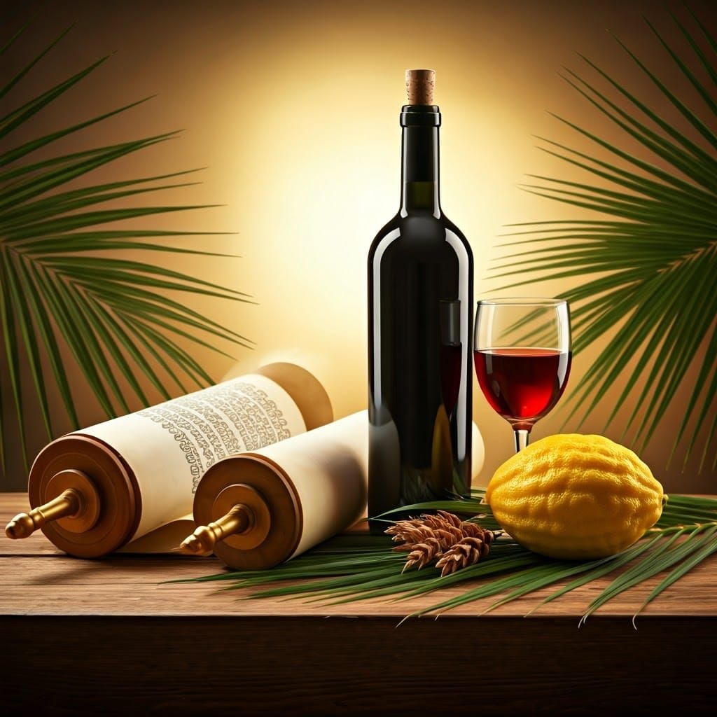 Torah Scroll, Wine, and Plants in Dreamlike Style