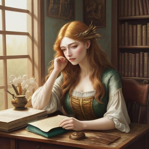 Poet at Desk with Quill: Watercolor-Inspired Gouache Paintin...