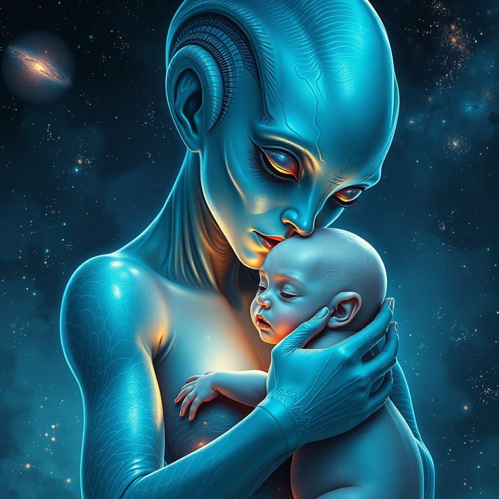 Hyperrealistic Alien Mother with Gentle Child in Cosmic Back...