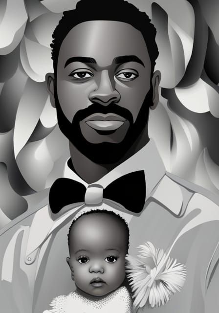 Young African American Fathers with a beautiful baby girl in a art incorporate bold feathers and vibrant colors, dynamic...