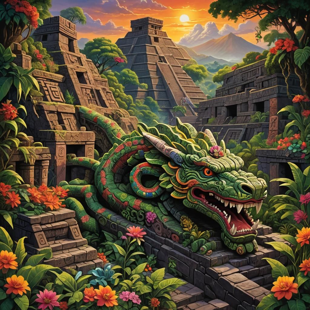 Mystical Mesoamerican Ruins with Quetzalcoatl, Manga Aesthet...