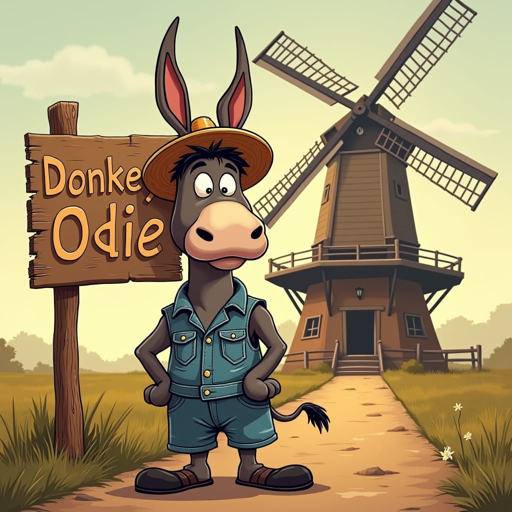 Cartoon Donkey With Windmill in Comic Art Style