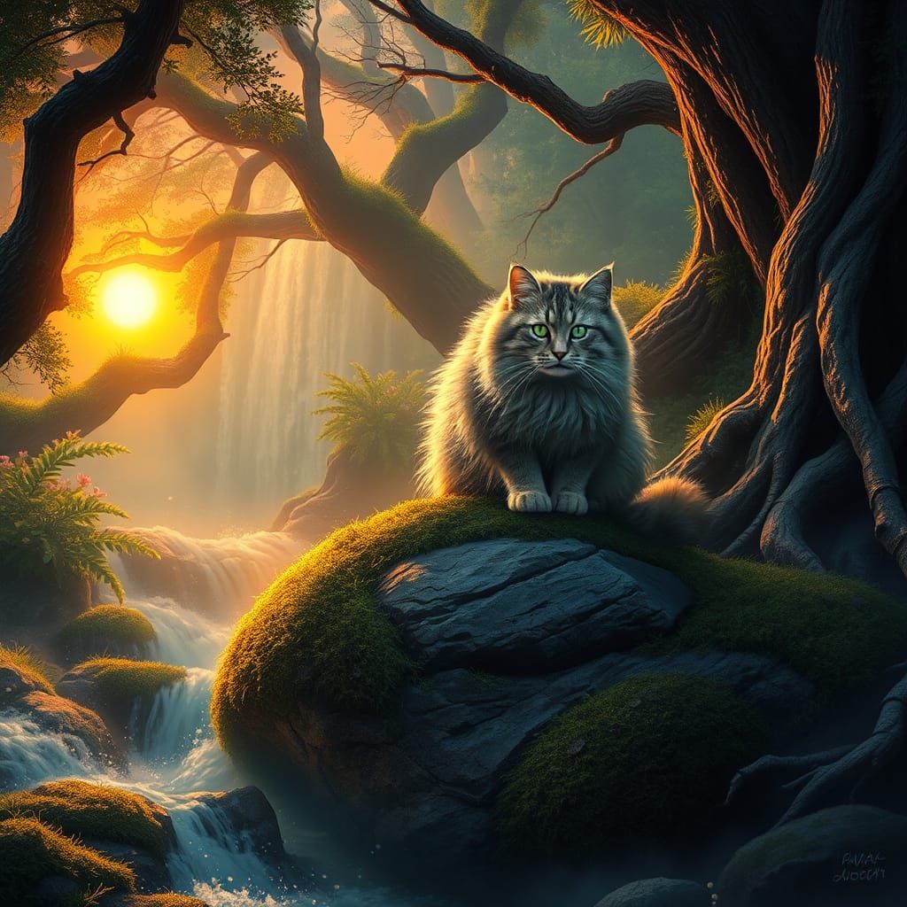 Mystical Cat Navigating Waterfall in Fantasy Forest