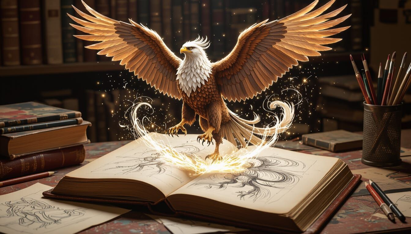 Griffin Rises From Sketchbook on Artist's Desk