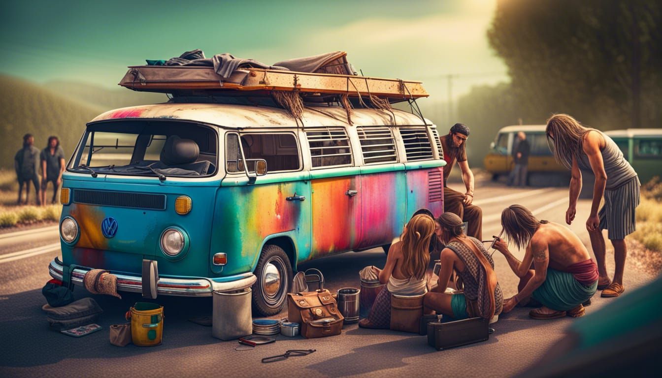 Hippies Fixing VW Bus in Pop Art Style