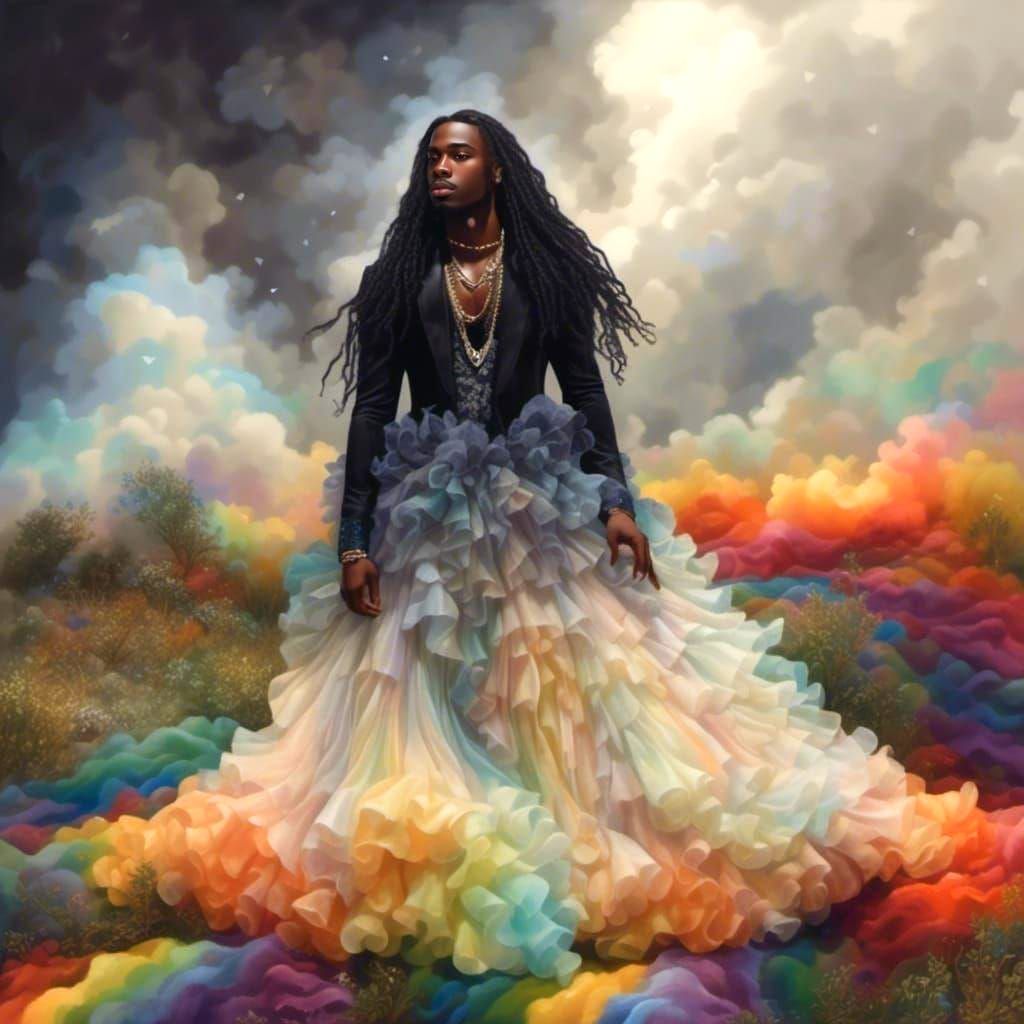 Rainbow Haired Man in Lace Ruffle Gown