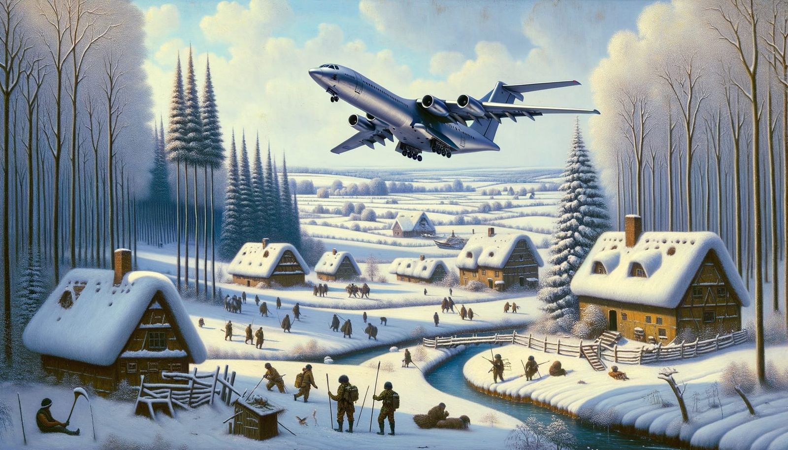 Hunters in the Snow with VTOL Aircraft: Renaissance Painting