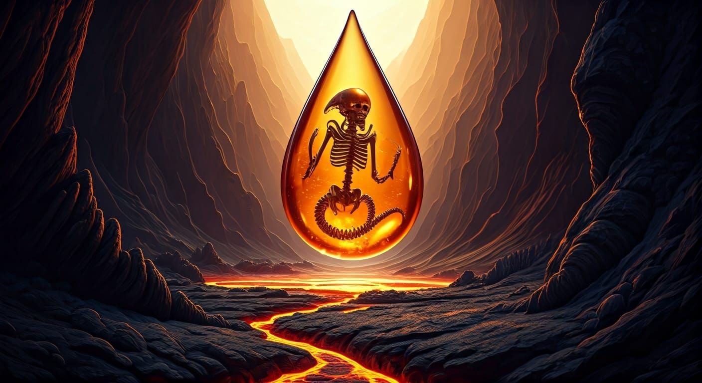 Phosphorescent Xenomorph Skeleton in Amber Droplet