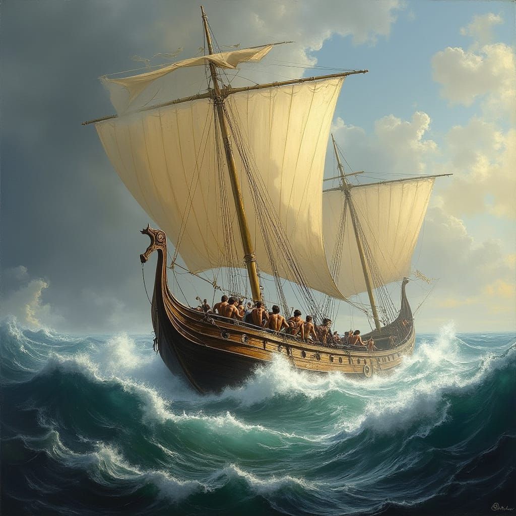 Ancient Greek Trireme Galley Battles Stormy Seas in Dramatic...