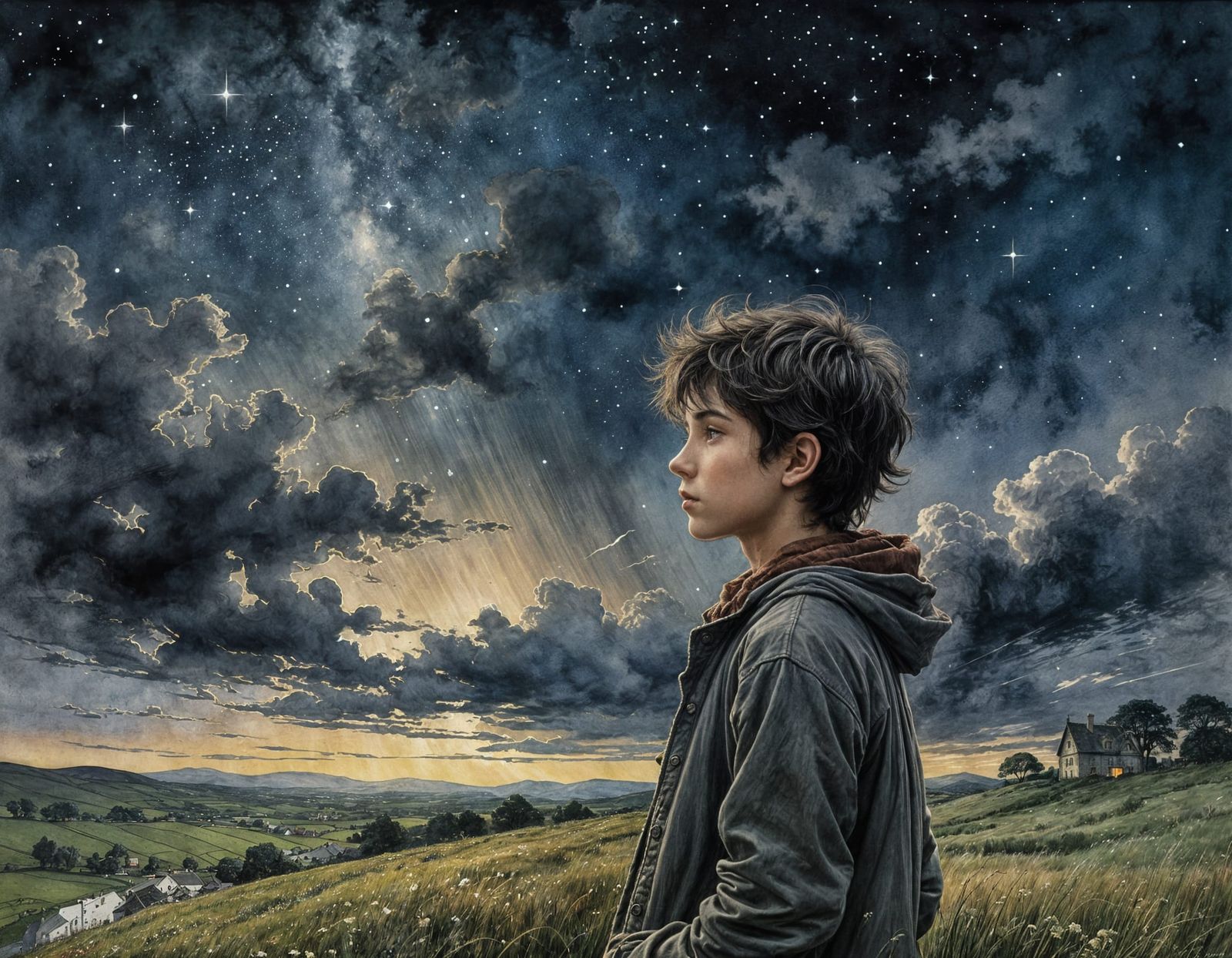 Boy Stargazing in Irish Countryside Watercolor Painting
