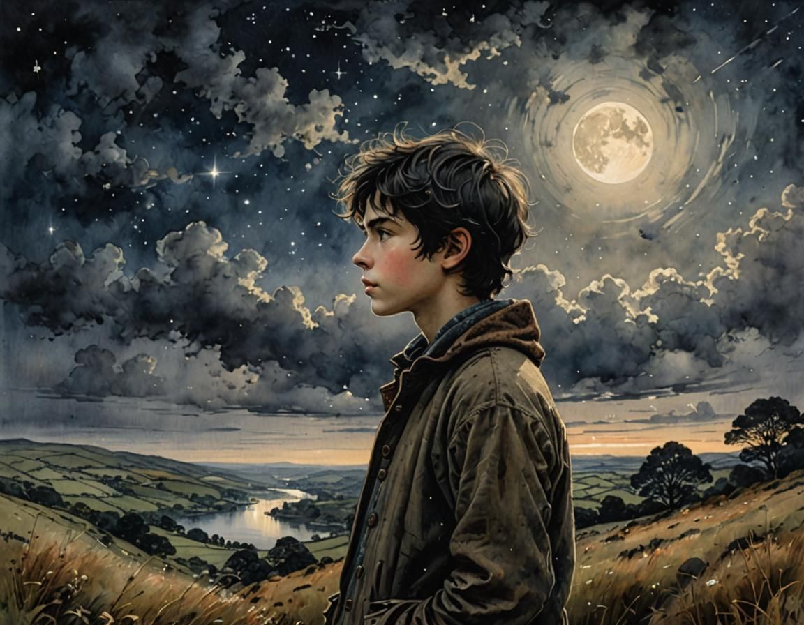 Boy Gazing at Stars in Irish Countryside