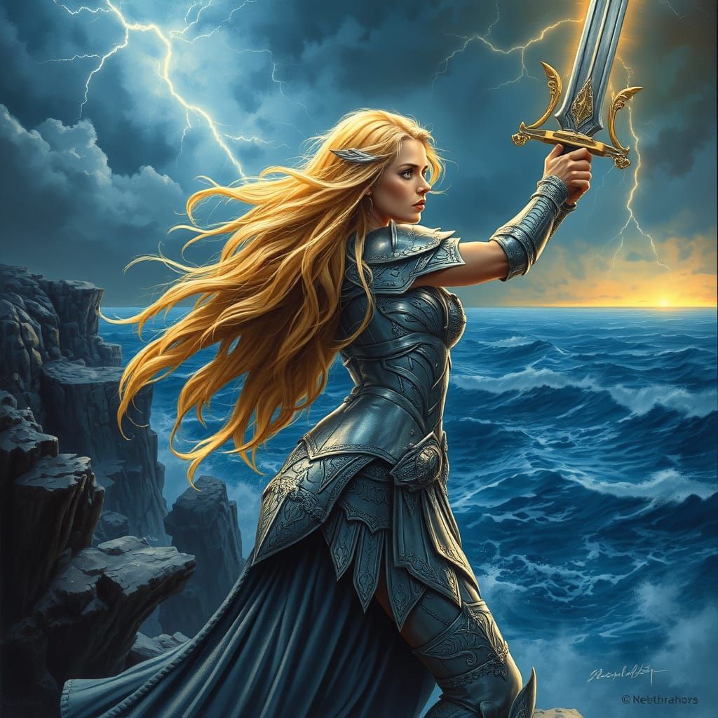 Valkyrie Warrior on Cliff in Hyperrealistic Style