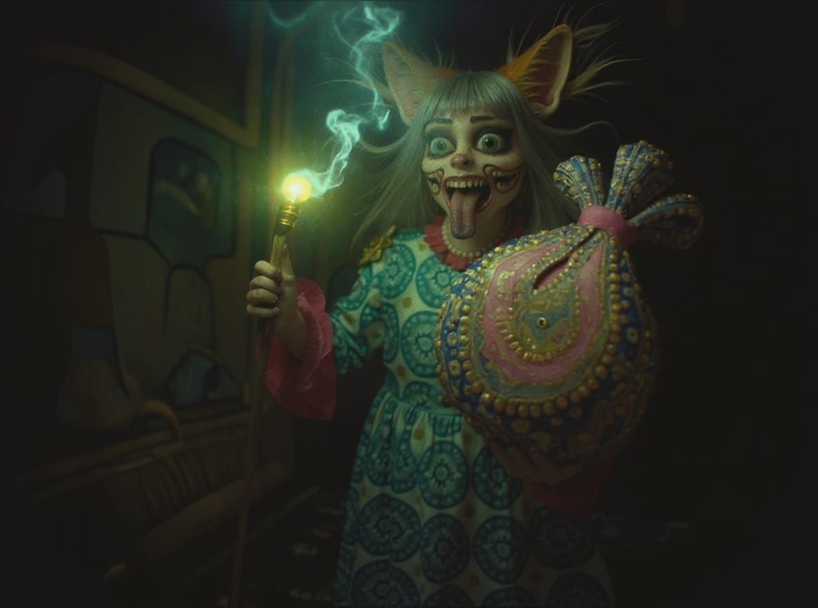 Surreal Analog Photo: Cursed Being with Magic Bag