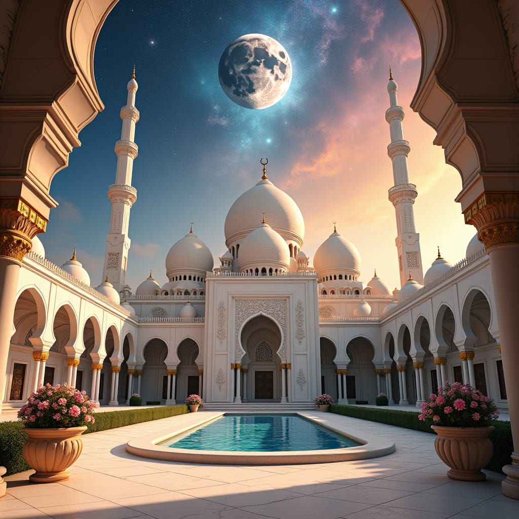 Cosmic Mosque Garden Under Pale Starry Sky