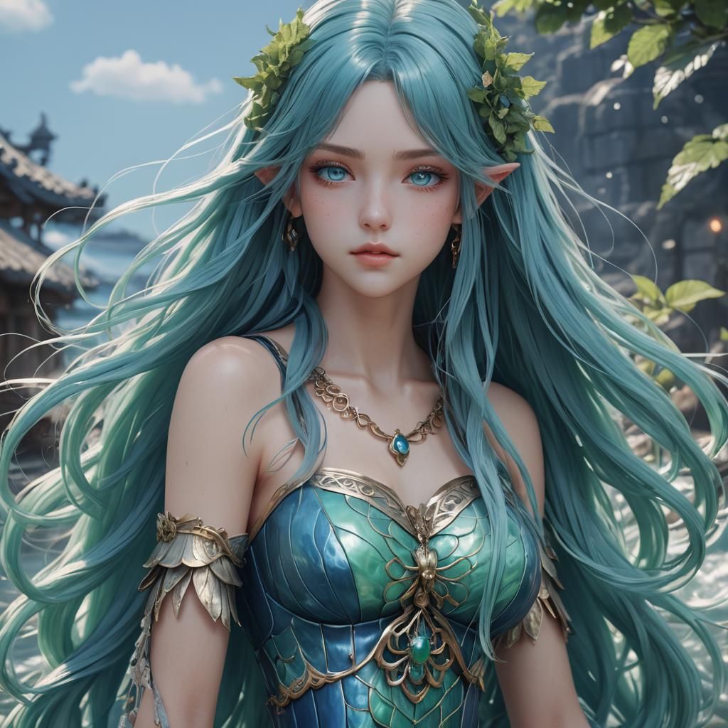 Anime Siren with Blue Hair and Mint Eyes