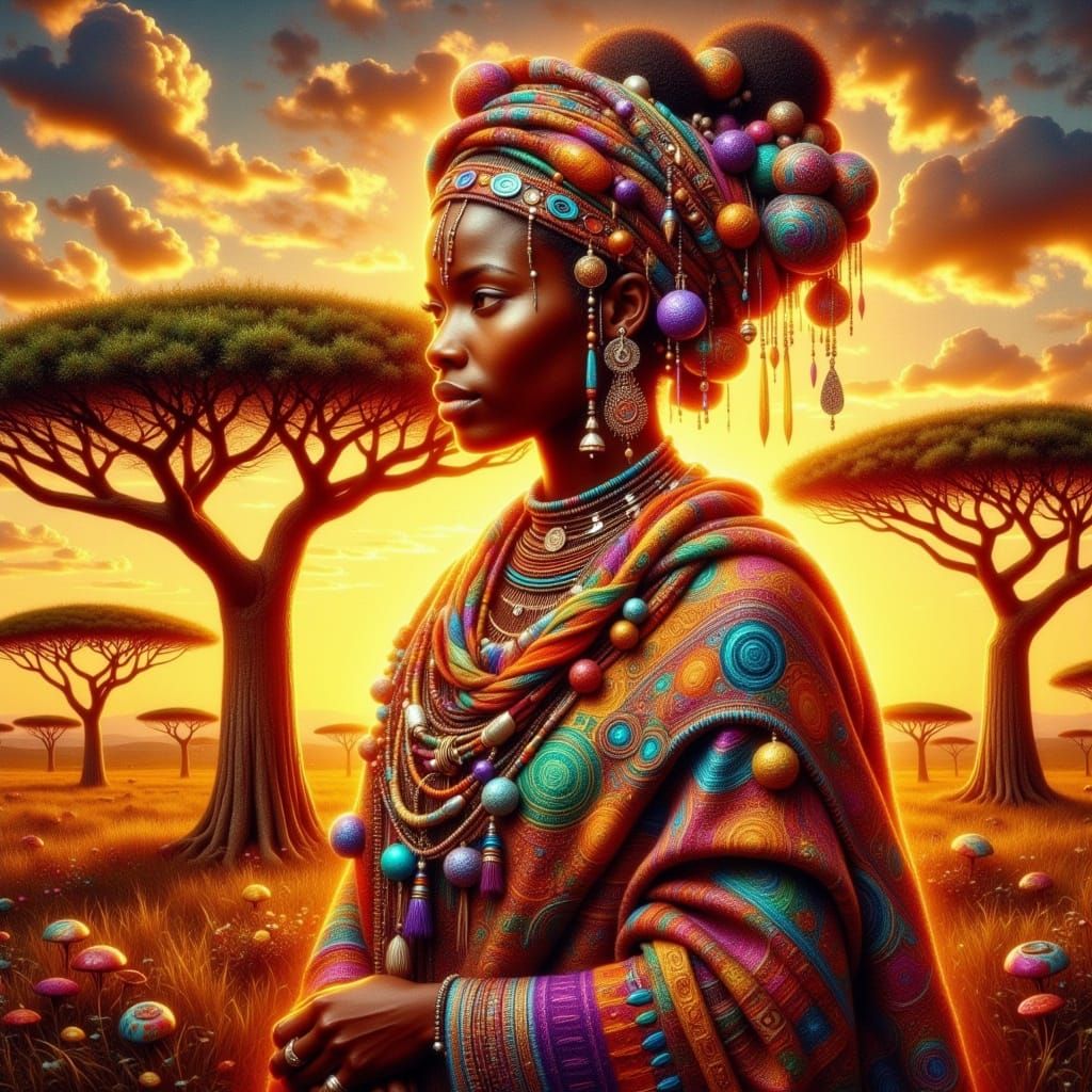 African Zodiac Goddess with Mystic Aura in Vibrant Impasto S...