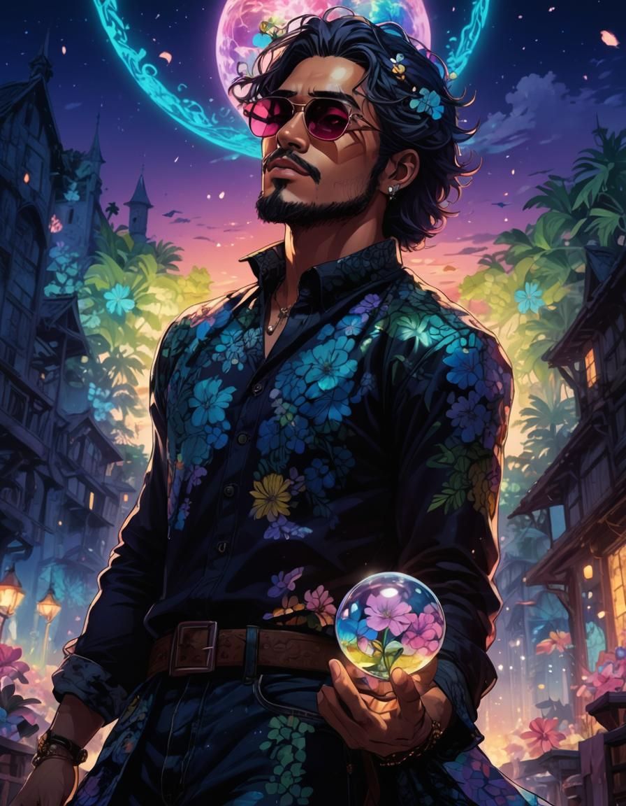 Manga Man in Hawaii with Glass Buildings