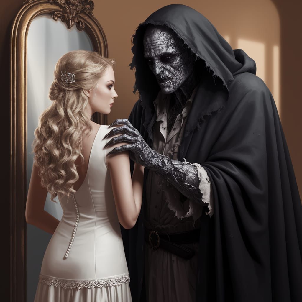 Elegant Blonde Woman in Short White Dress, Surrounded by Dar...