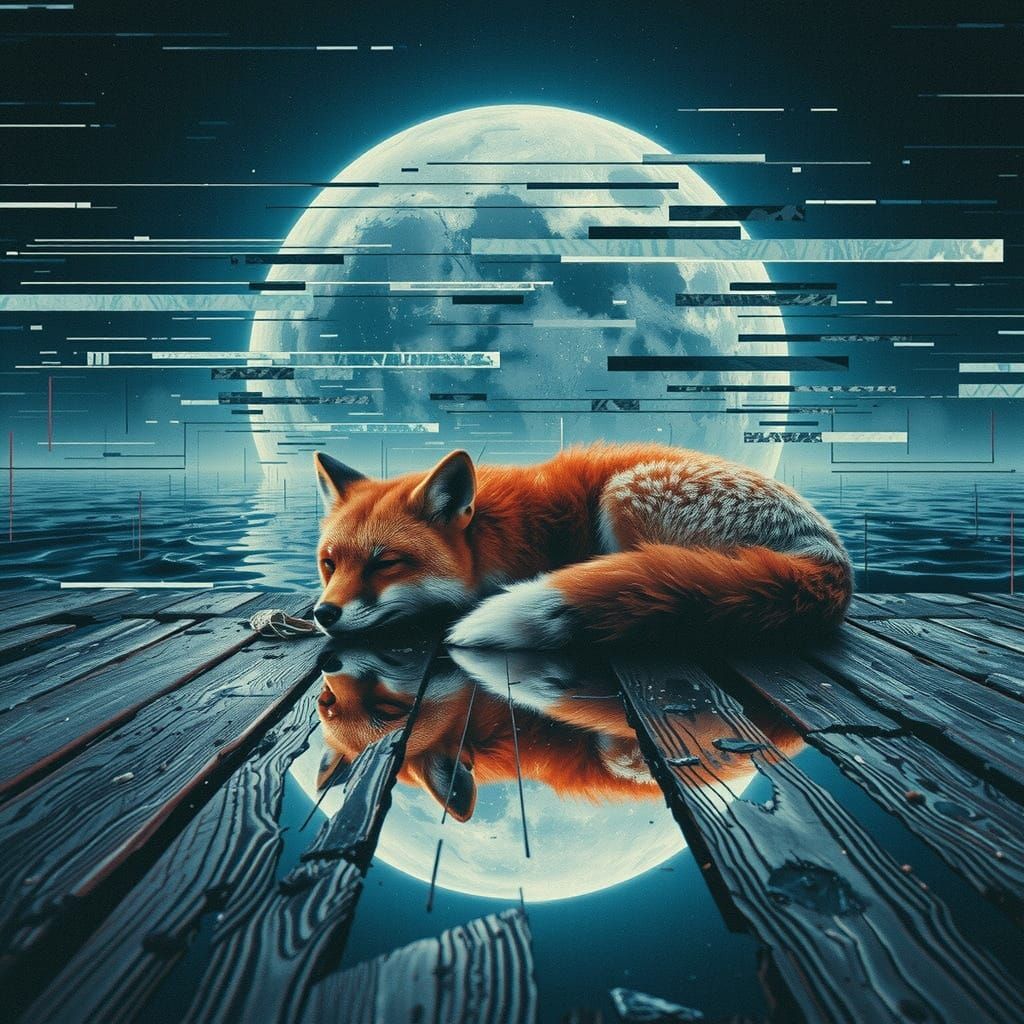 Monochrome Glitch-Art Fox Asleep on Pier