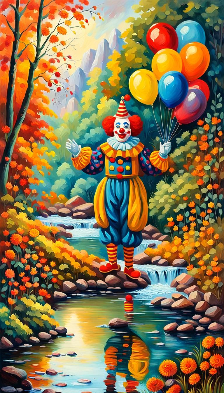 Happy Clown on Amazonian Path as Oil Painting