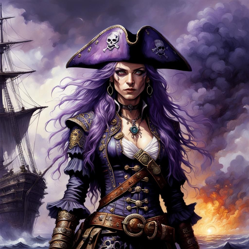 Purple-Haired Pirate Captain in Dramatic Digital Painting