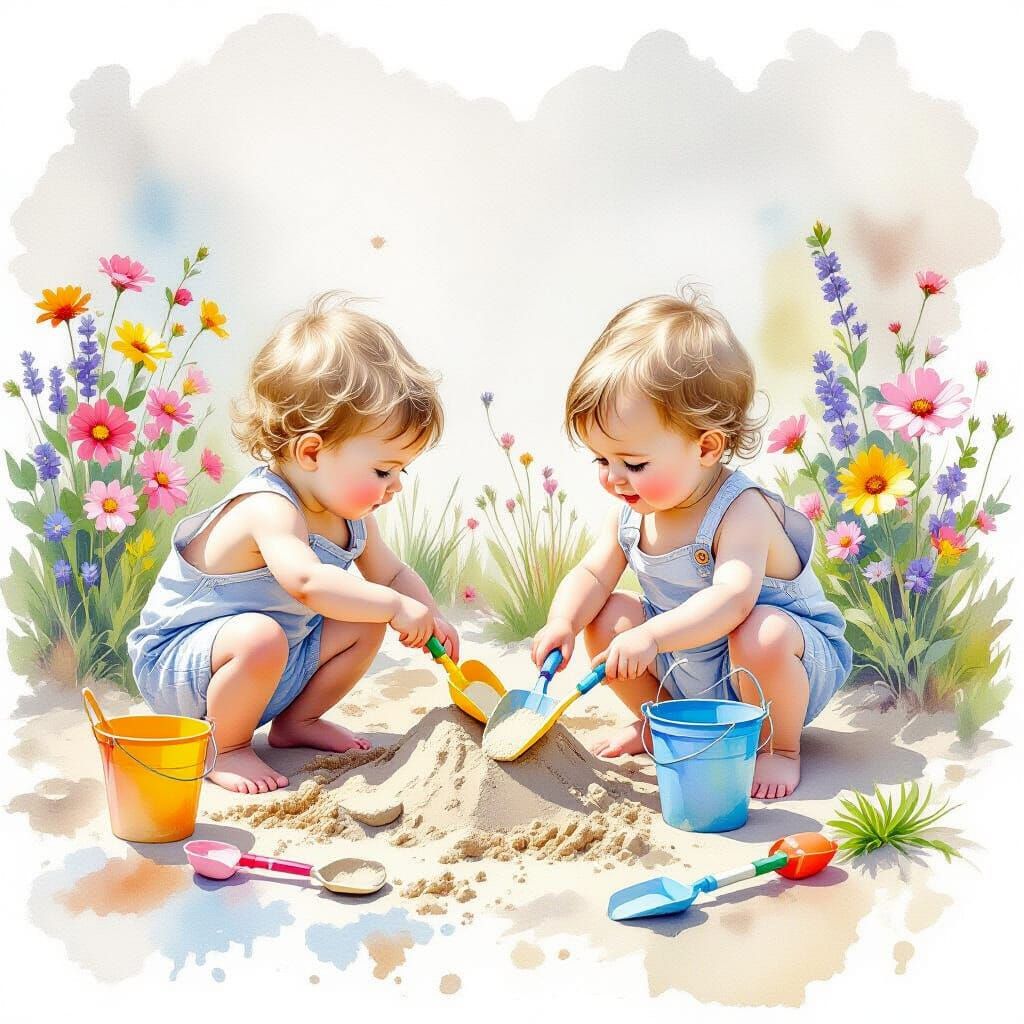 Ethereal Watercolour of Siblings Building Sandcastles