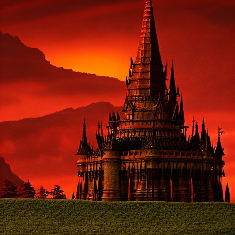 Fantasy Demon Castle with Fiery Sky