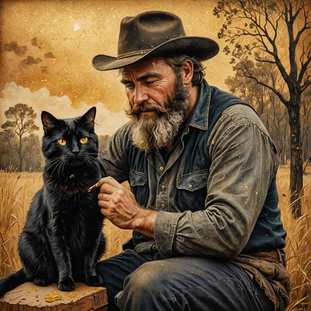 Bearded Man and Black Cat: Golden Dust Portrait