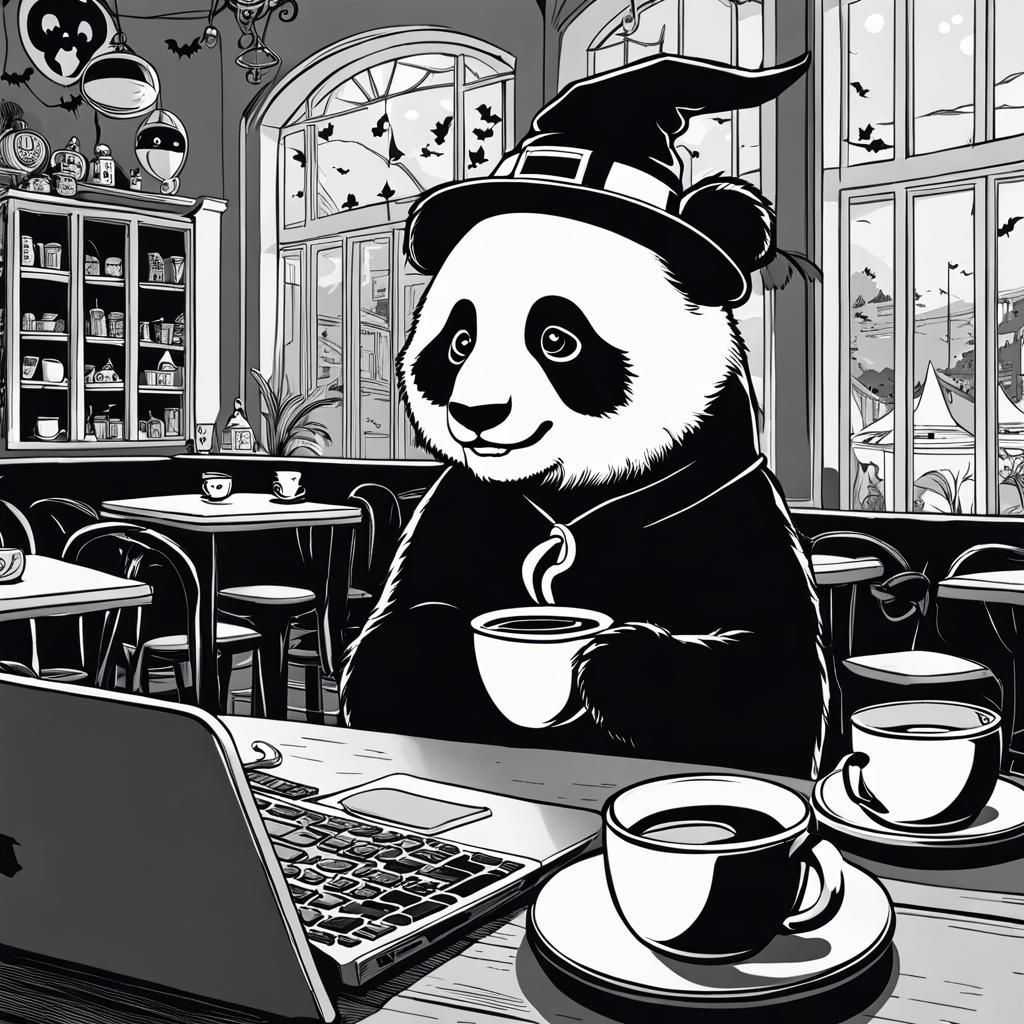 Panda Witch at Halloween Cafe in Black and White