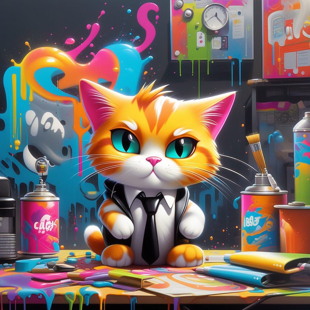 Cartoon Cat Boss in Graffiti Street Art Style