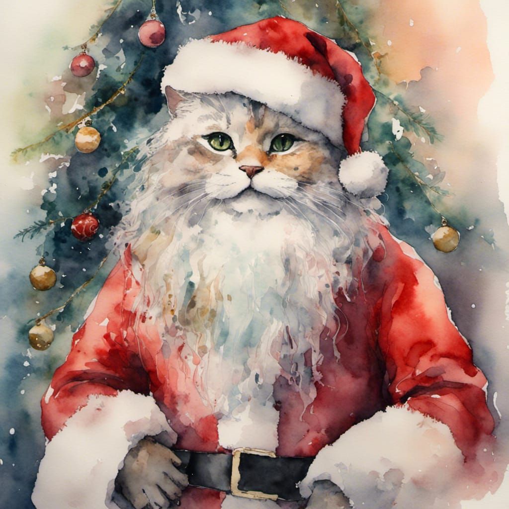 Festive Watercolor Cat Dressed as Santa Claus