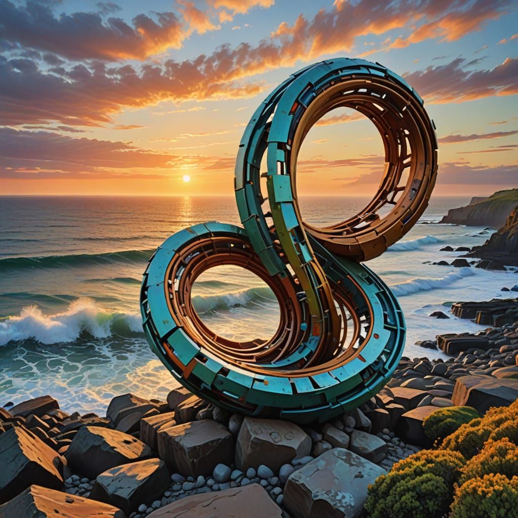 A twisted metal sculpture with vibrant colours stands alone ...