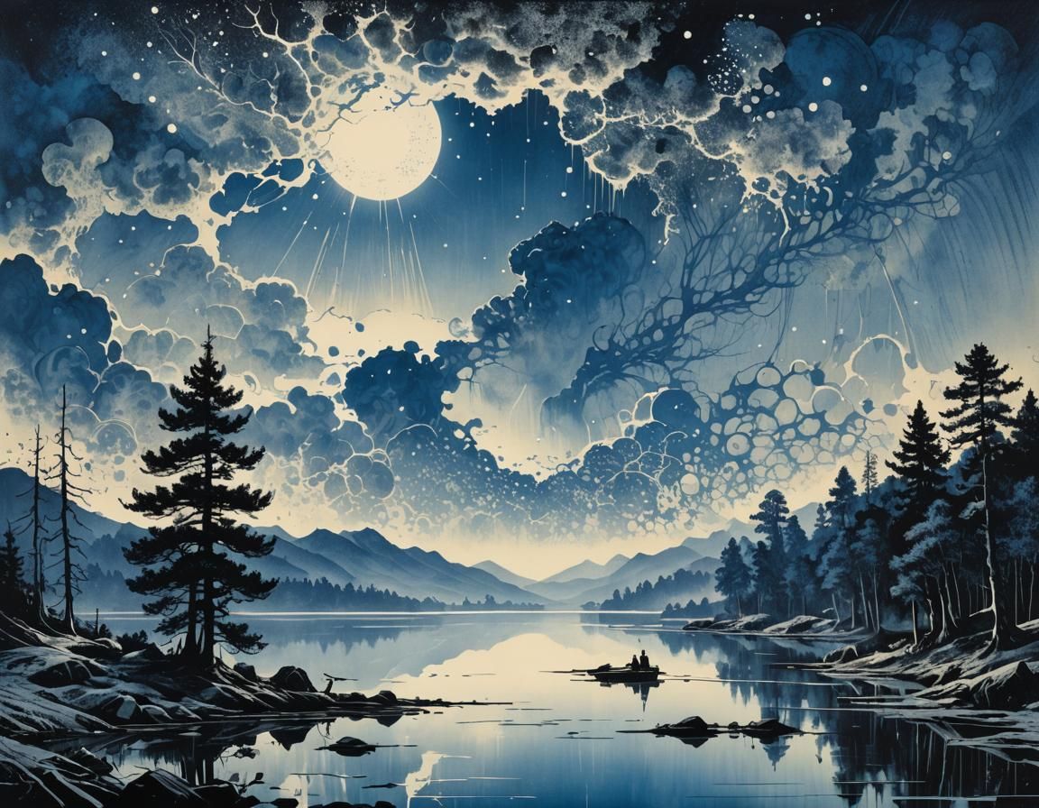 Landscape Reflected in Lake, Blue Ink Drawing