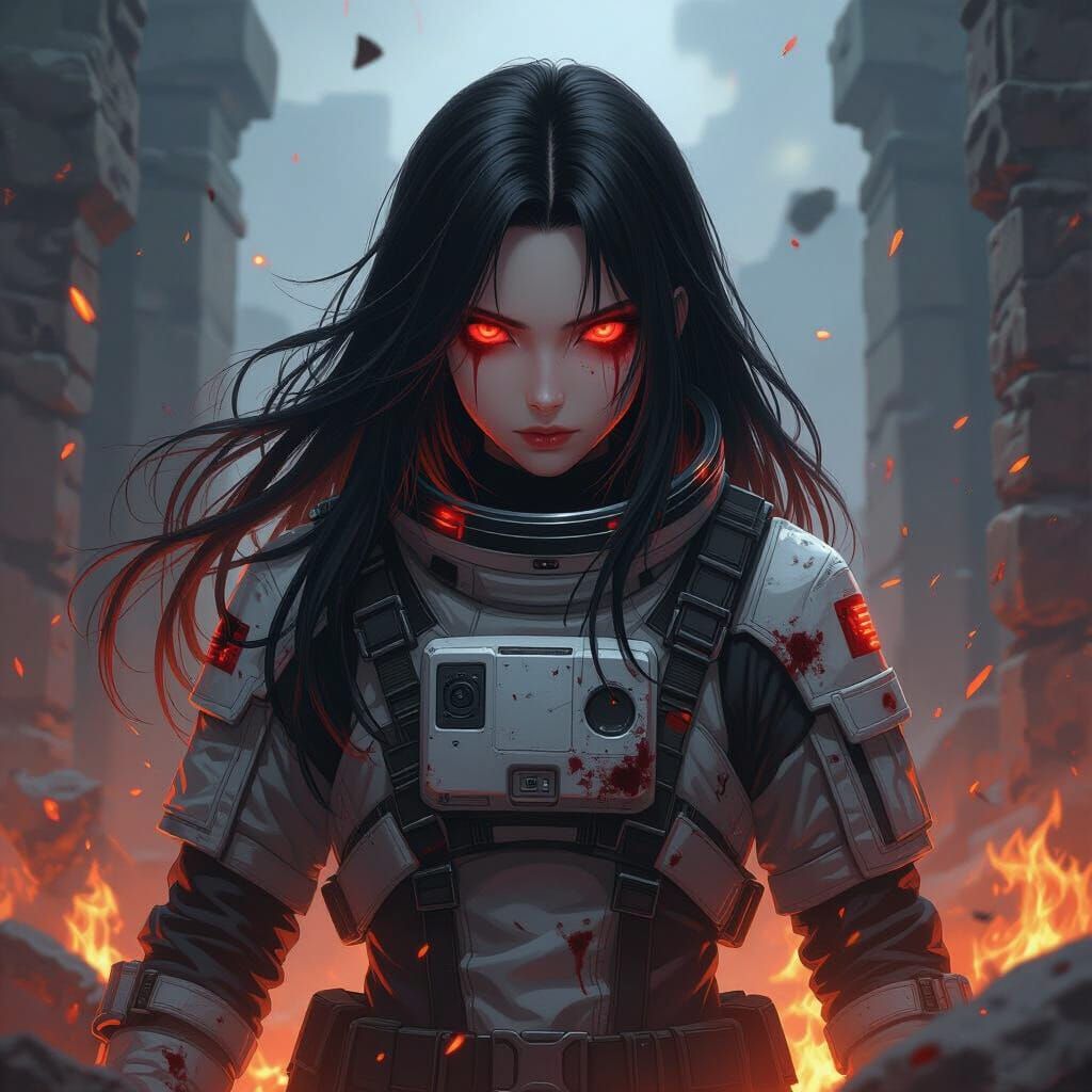 Astronaut in Dark Anime Style Amidst Fiery Ruins