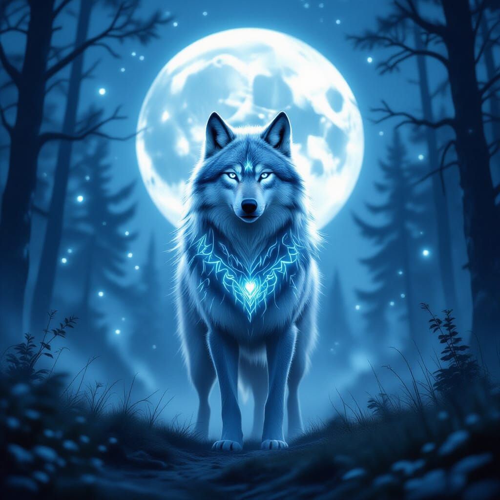 Gigantic Glowing Wolf in Moonlit Forest Clearing