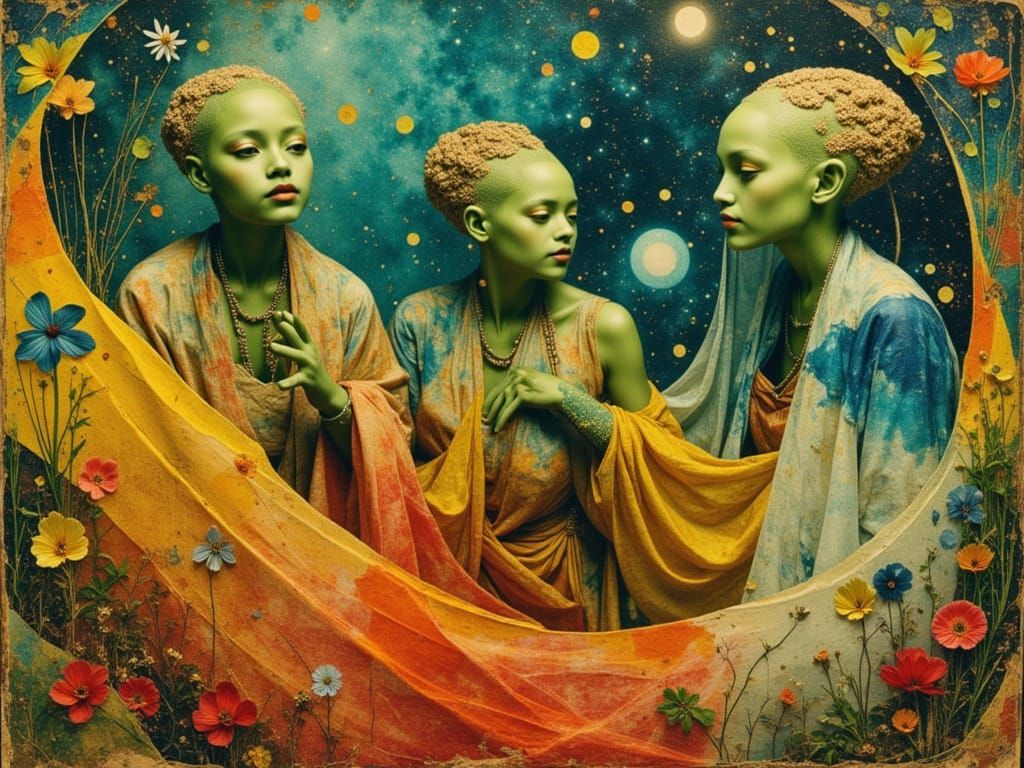 Friendly Aliens in Flowing Attire, Detailed Matte Painting