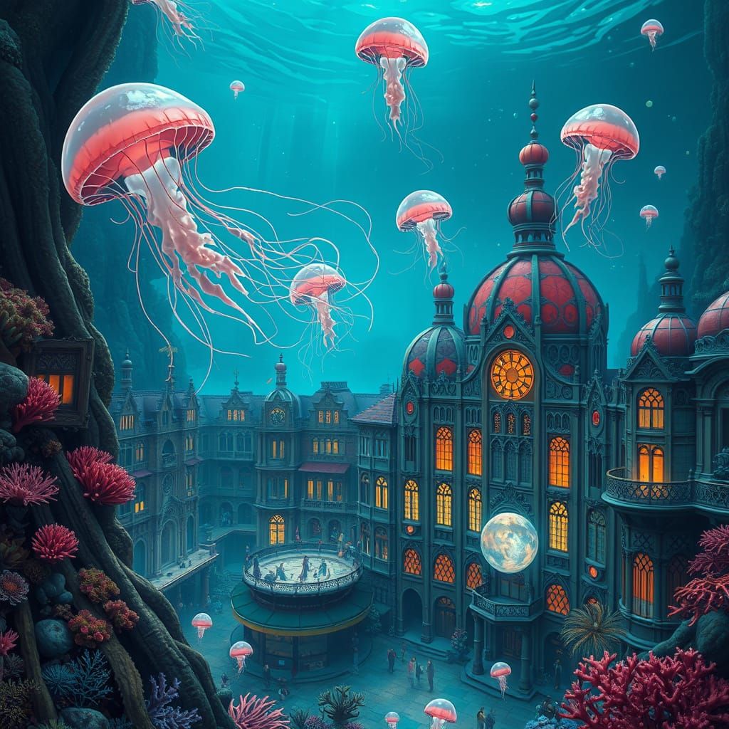 Jellyfish Float Above Sunken Art Nouveau City
