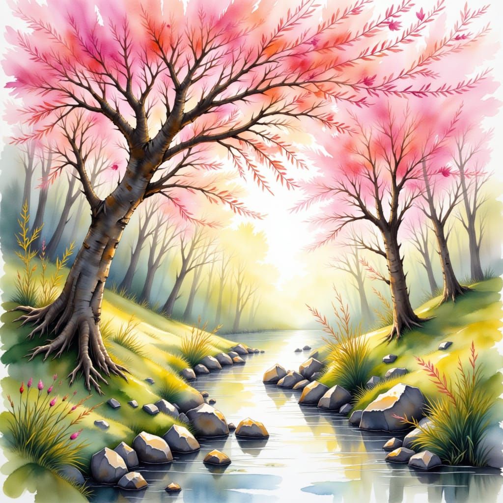 Sakura Tree in Morning Light as Gouache Painting