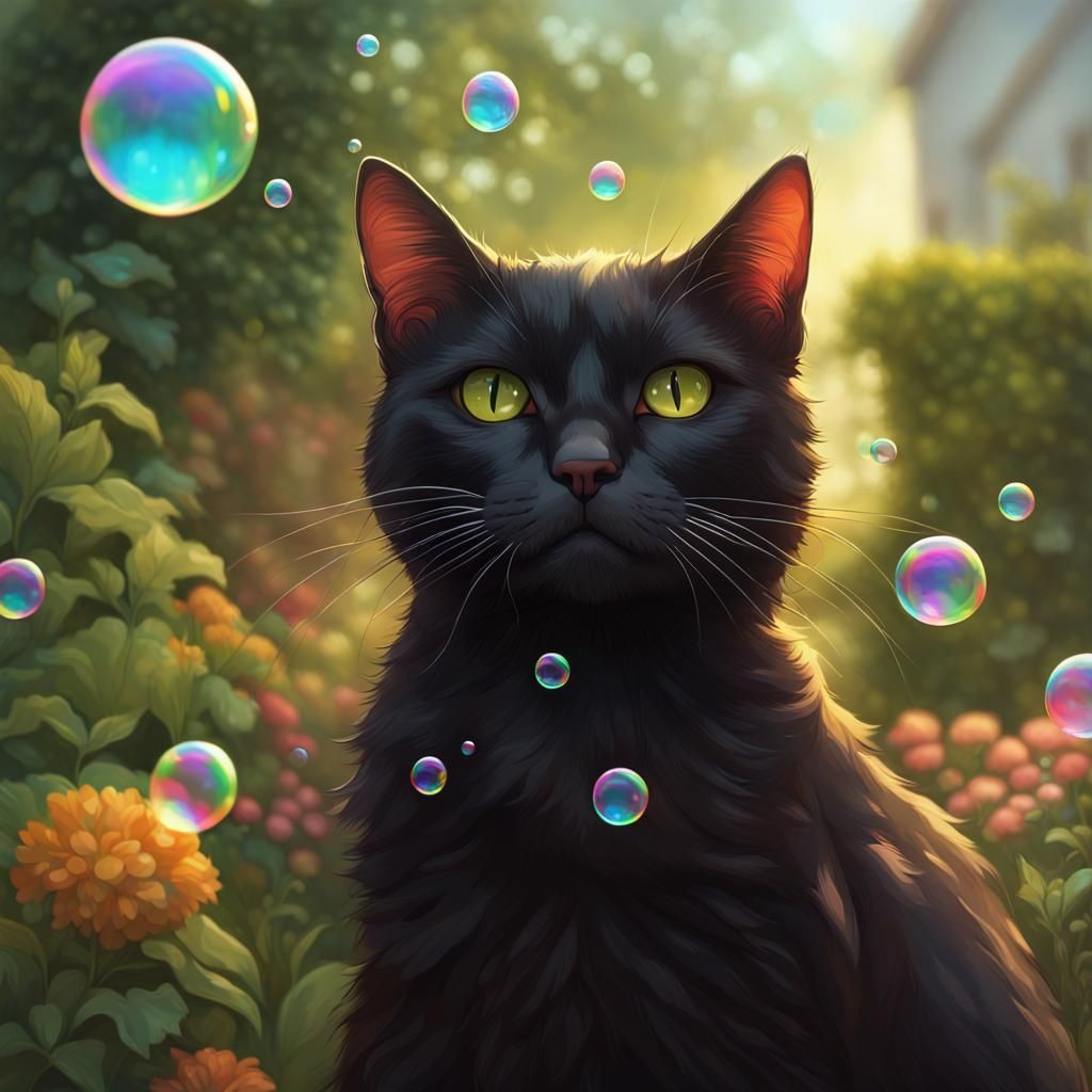 Cat Reaching for Bubbles in Hyperdetailed Garden Art