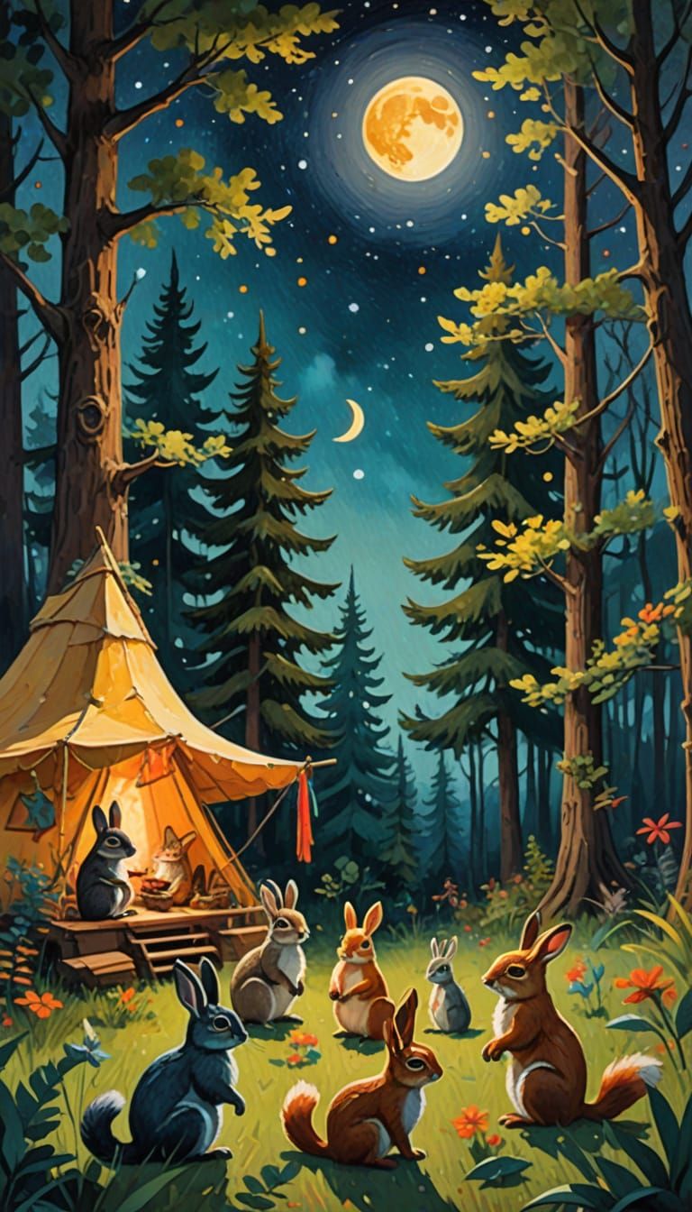 Forest Animals Fiesta under Starry Sky