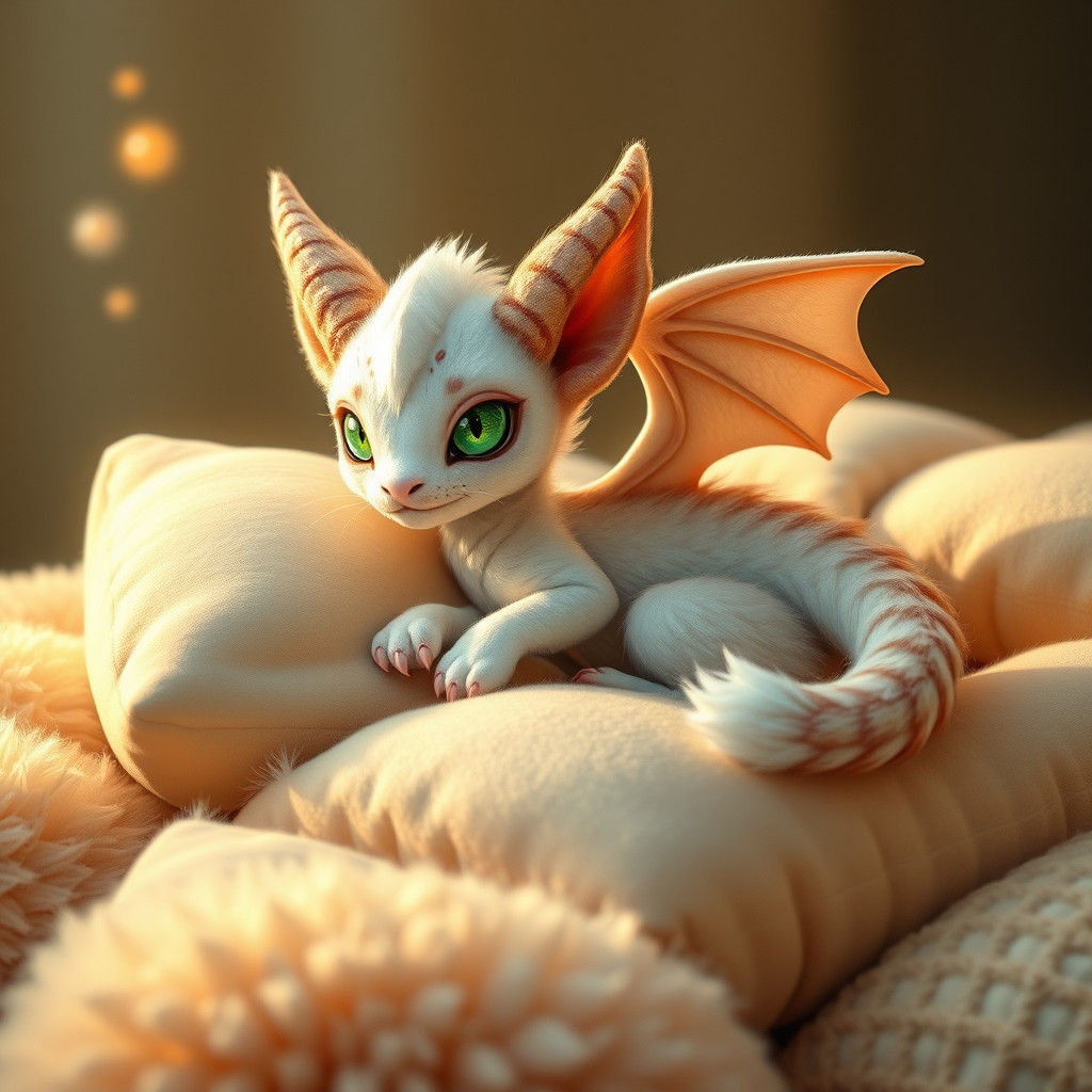 Adorable Cat Dragon Lounging on Pillows, Watercolor Style