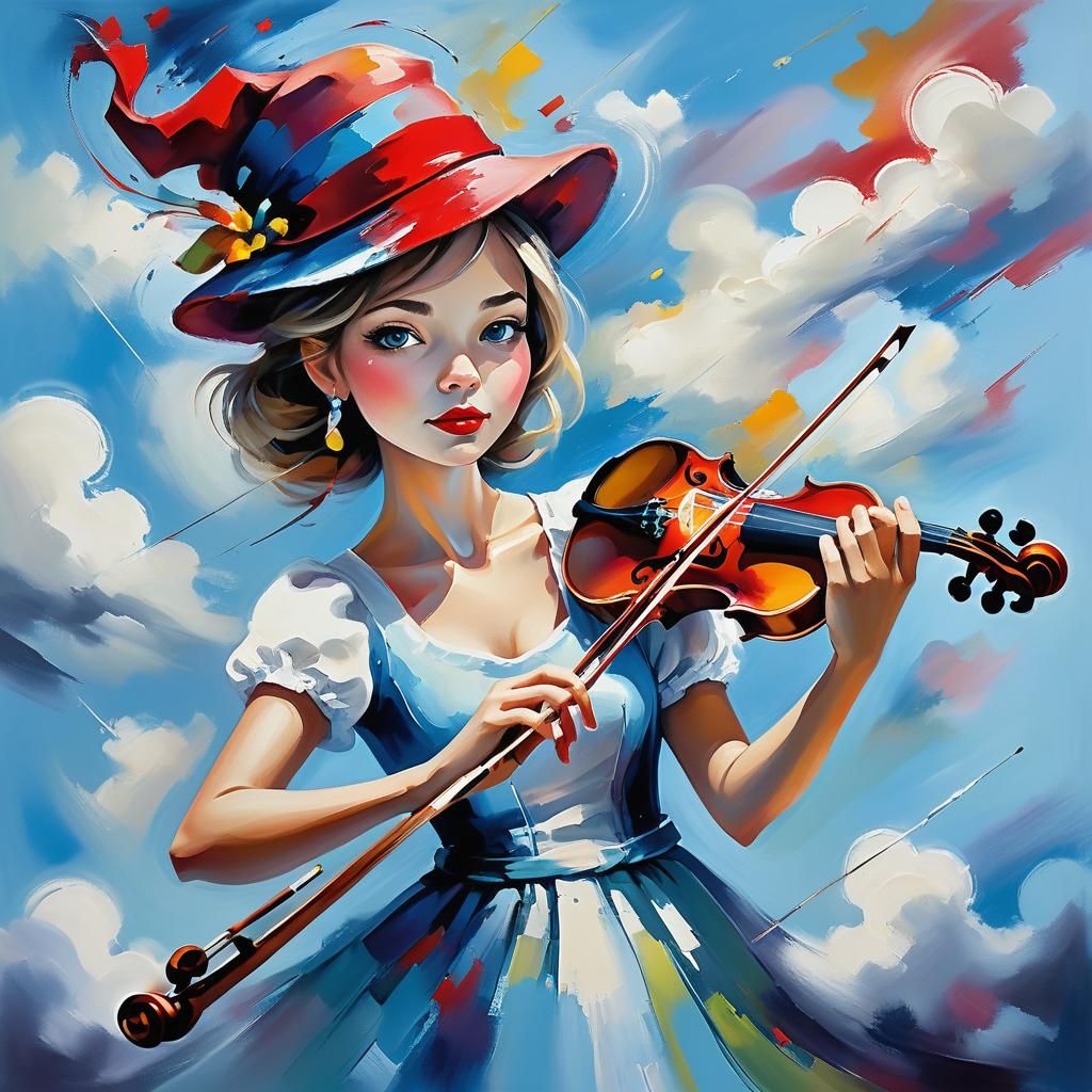 Girl with Violin: Abstract Oil Painting in Vibrant Colors