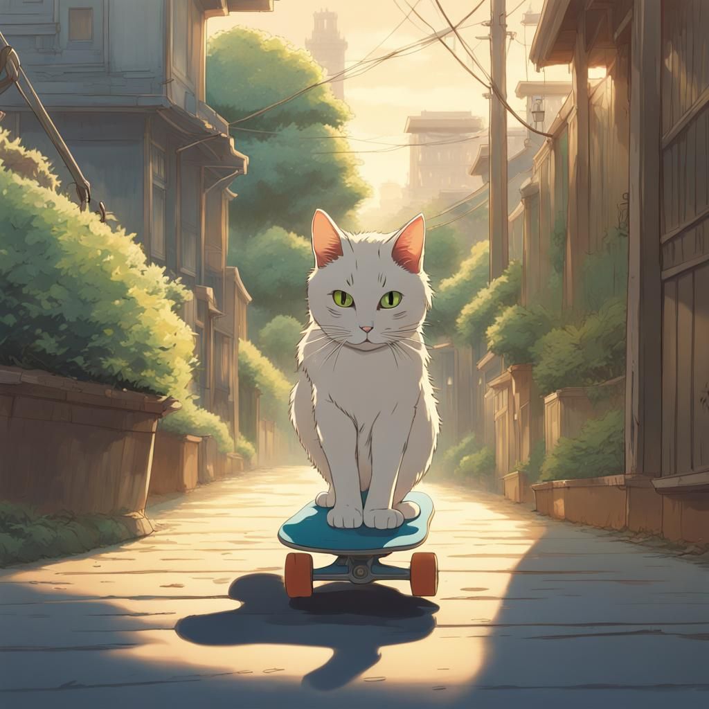 Cat Skateboarder in Anime Style