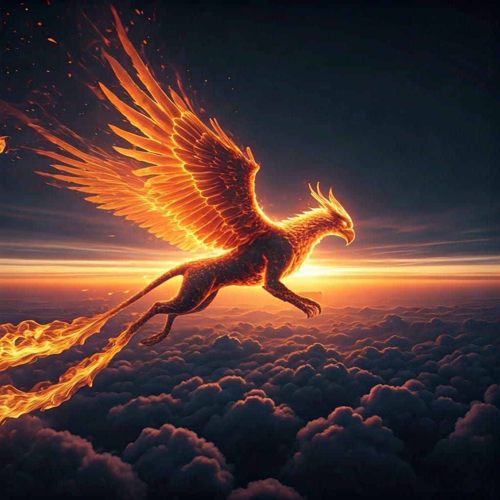 Fiery Griffin Soaring Across the Dawn Sky