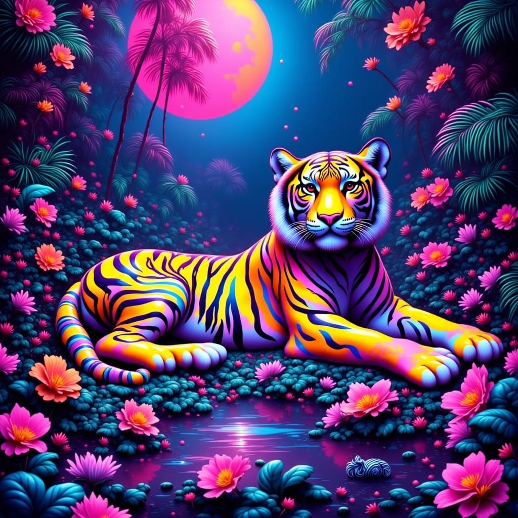 Vibrant Neon Tigers in Retro-Futuristic Jungle