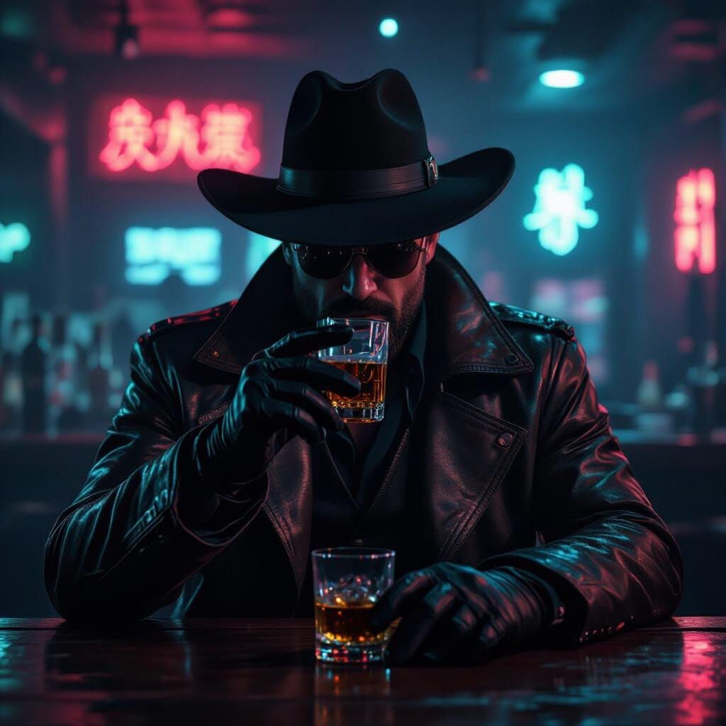 Cyberpunk Sheriff in Neon Bar