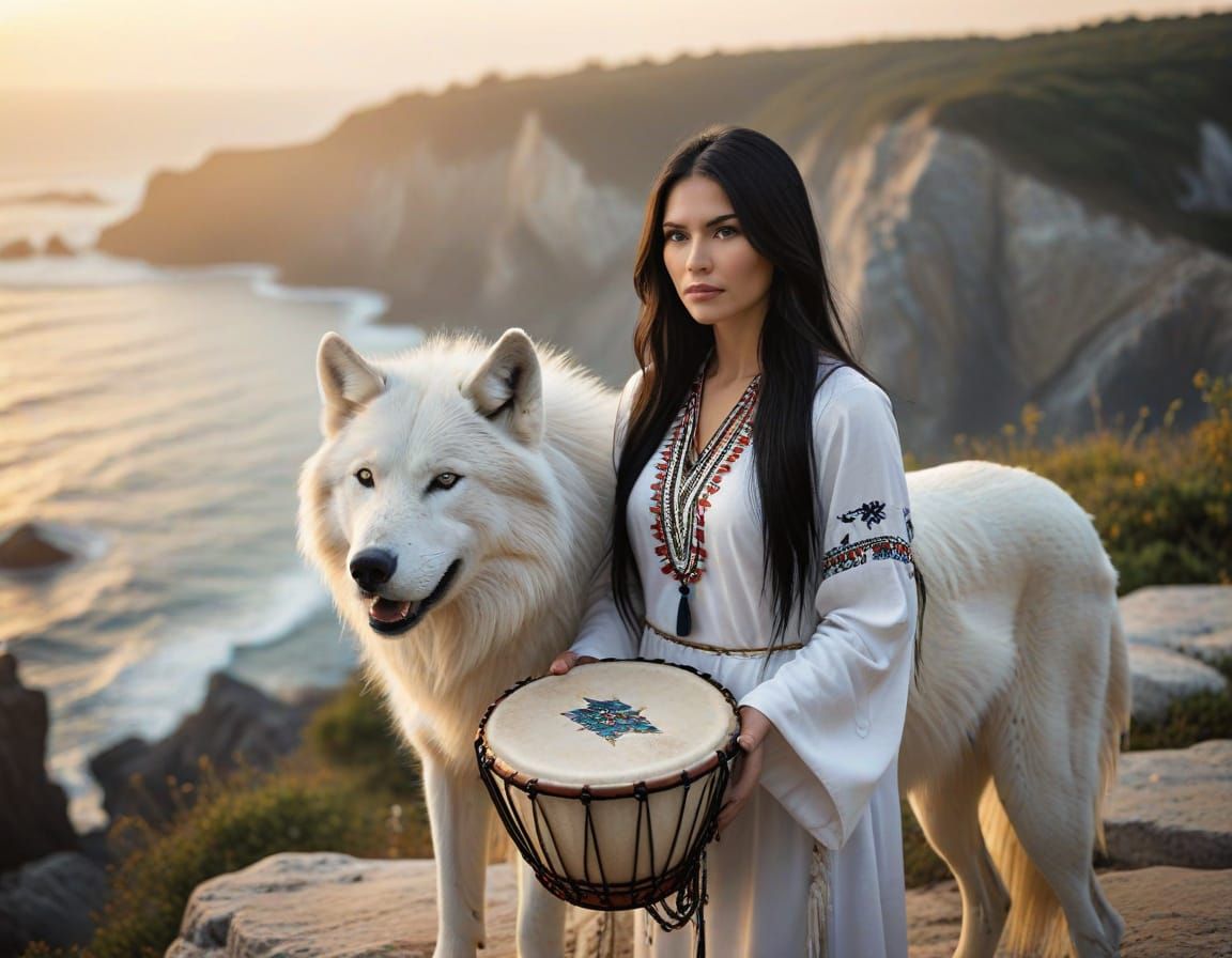 Elegant Native American Woman with Drum and Wolf in Golden H...