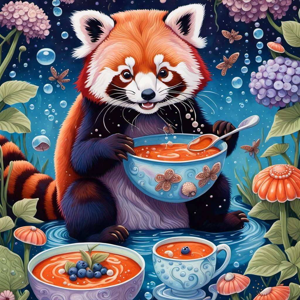 Red Panda's Candyland Feast in Gouache Style